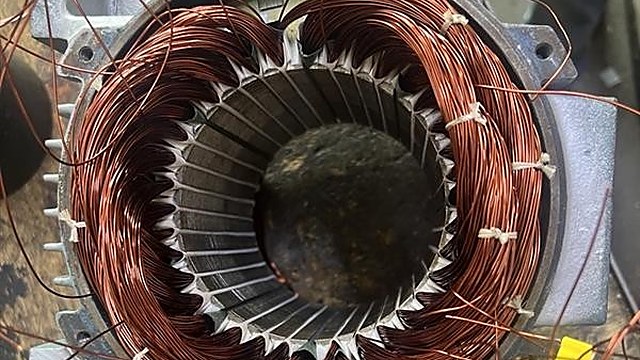 Rewound stator used to convert a conventional three-phase machine into a five-phase experimental machine.